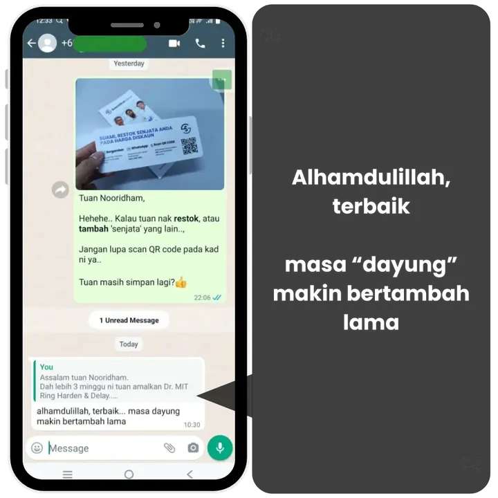 Perkongsian pelanggan Dr. MIT Ring melalui WhatsApp, 1